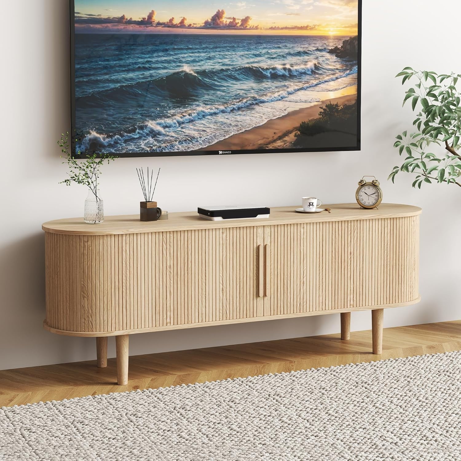 60" TV Stand with Tambour Door,Wood Entertainment Center with Storage and Shelves, FlutedTV Console Table for Living Room, Bedroom (Natural)