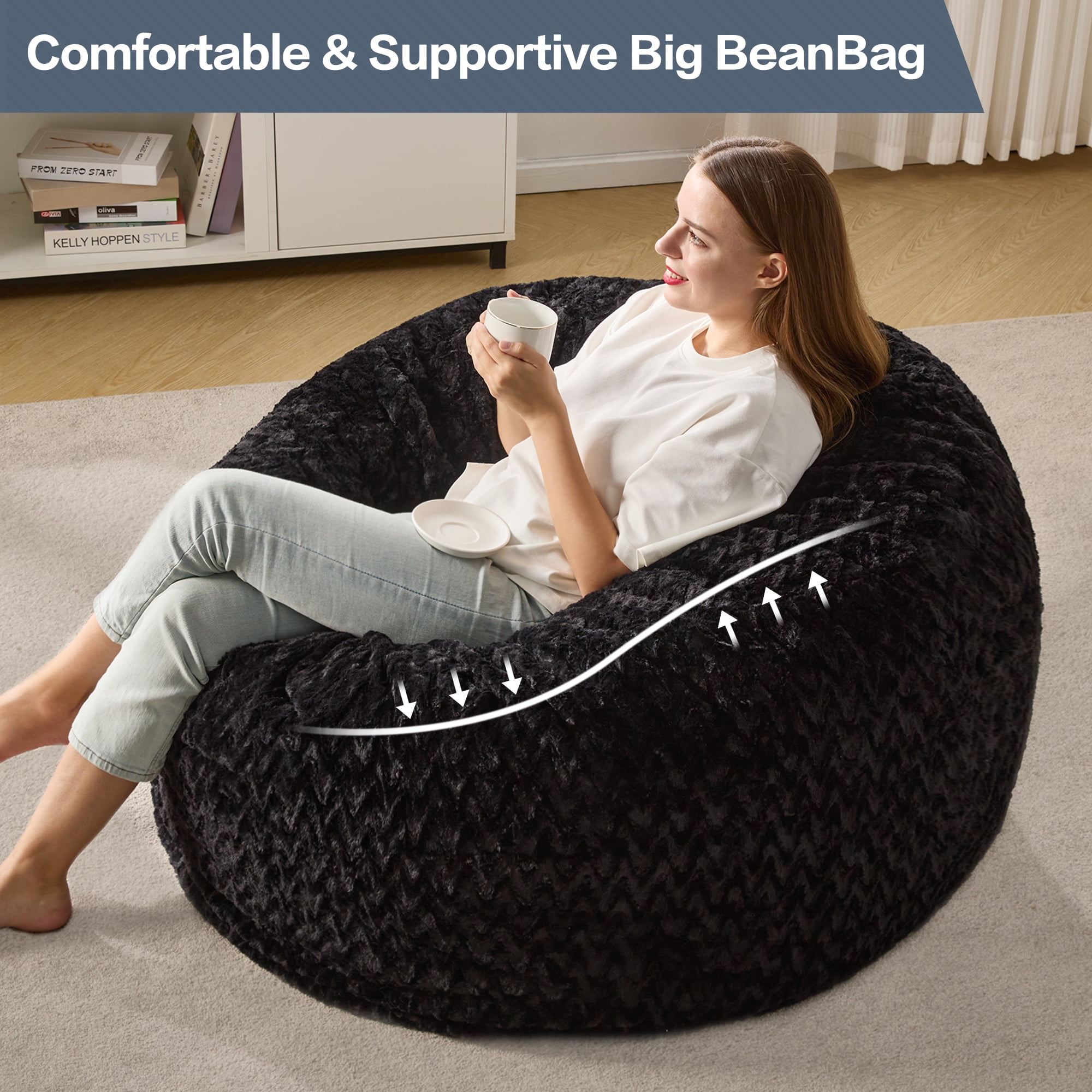 Hobestluk 3ft Bean Bag Chairs for Adults Large Beanbag Chair with Chevron Plush Fur Cover Big Bean Bag Chair for Living Room Bedroom Dorm Office - Black (36” x 36” x 22”)