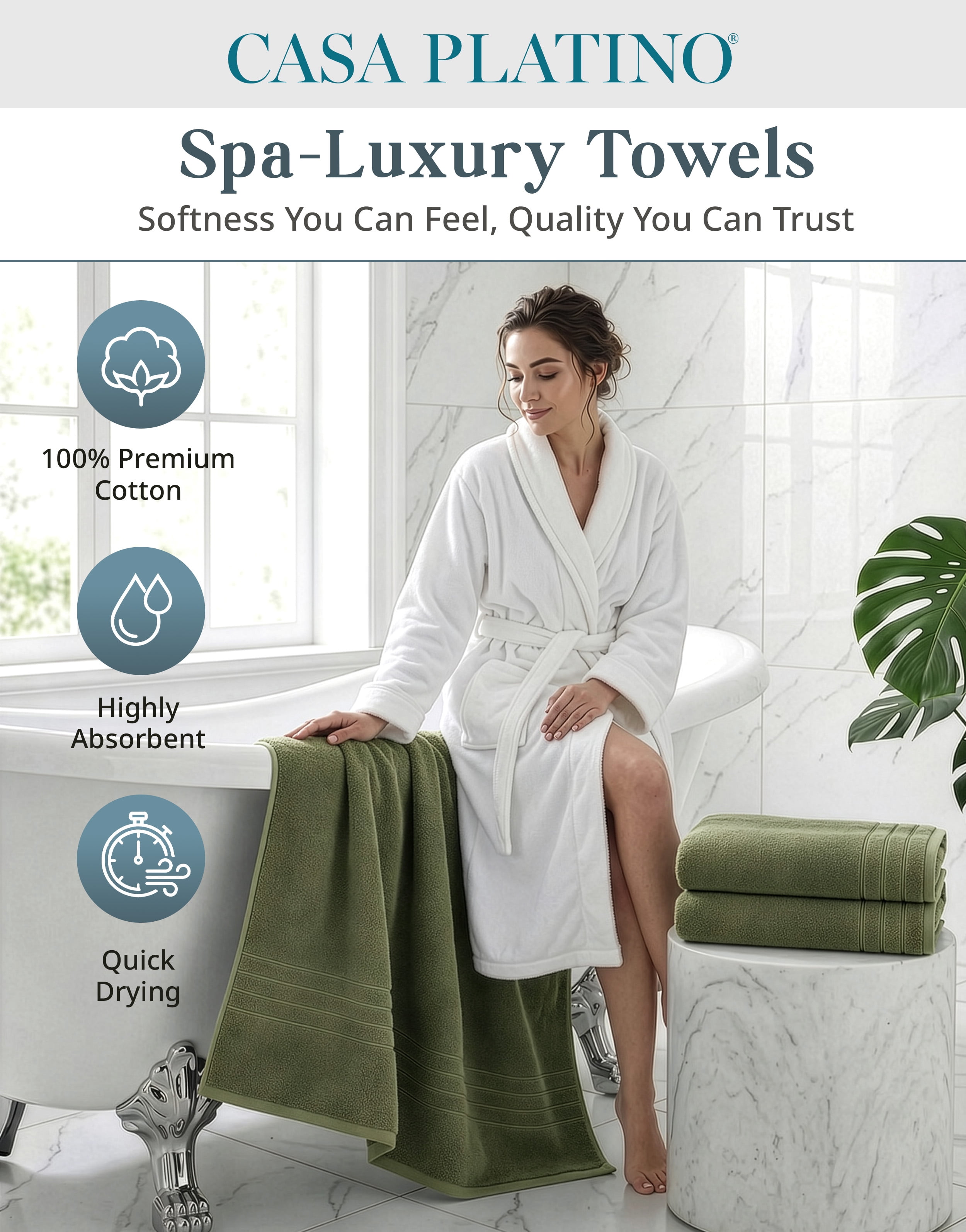 Casa Platino Bath Towels Set - 4-Pack Soft & Absorbent 100% Cotton Towels for Home, Spa, Gym & Travel - Oil Green