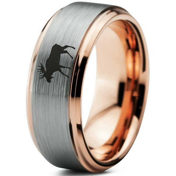 Tungsten Elk Moose Walking Band Ring 8mm Men Women Comfort Fit 18k Rose Gold Step Bevel Edge Brushed Polished