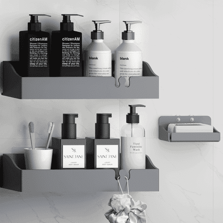 YAWSOUP Sticky Acrylic Tile Hanging Bathroom Shower Caddy Organizer, 3-Pack, Dark Grey, No Drilling