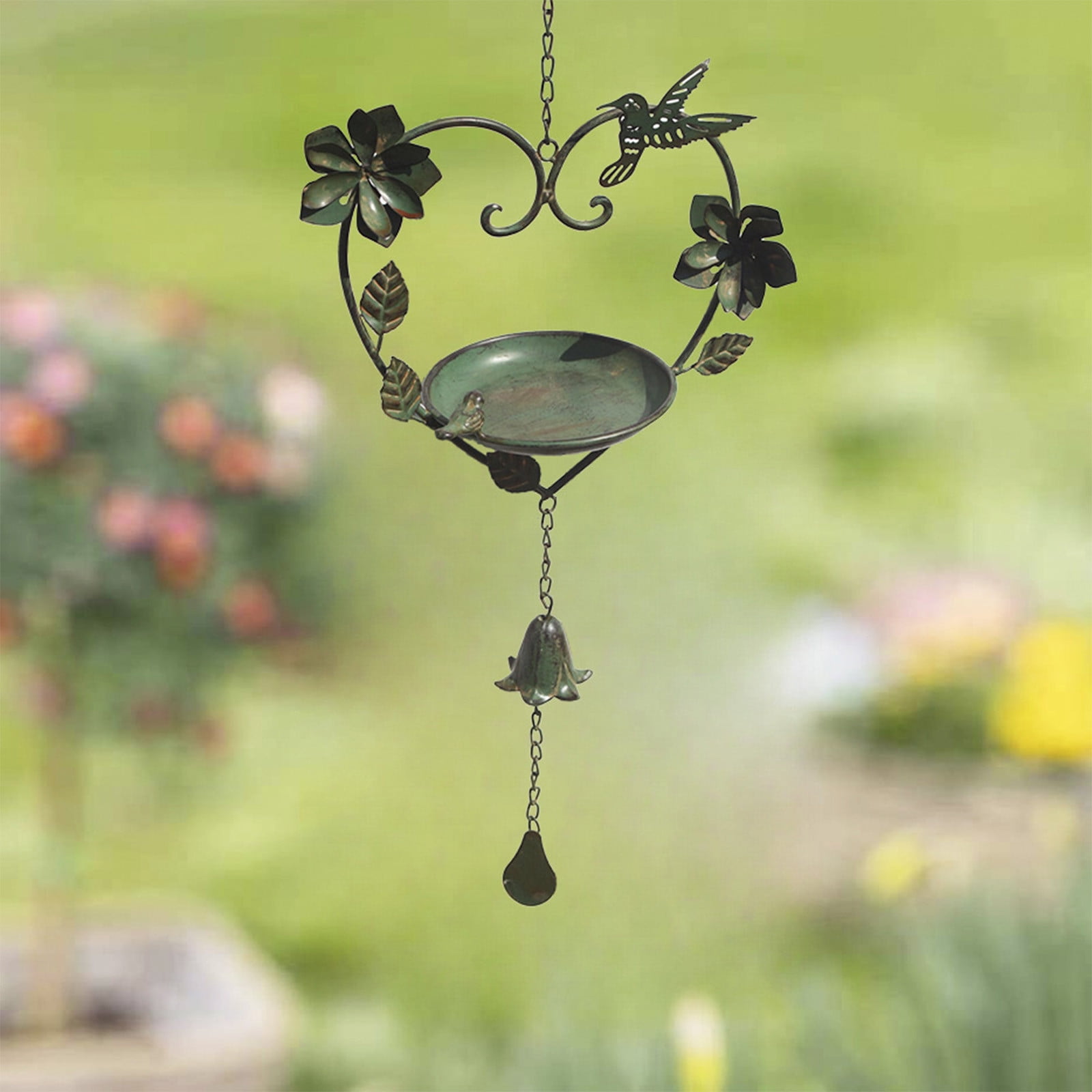 Vintage Iron Heart-Shaped Bird Feeder - Green Metal Feeder with Bells, Rustic Outdoor Decor for Garden, Porch, Patio, Attracts Wild Birds, Cute Bird-Shaped Hanging Ornament, 31.9*12.6in, Green
