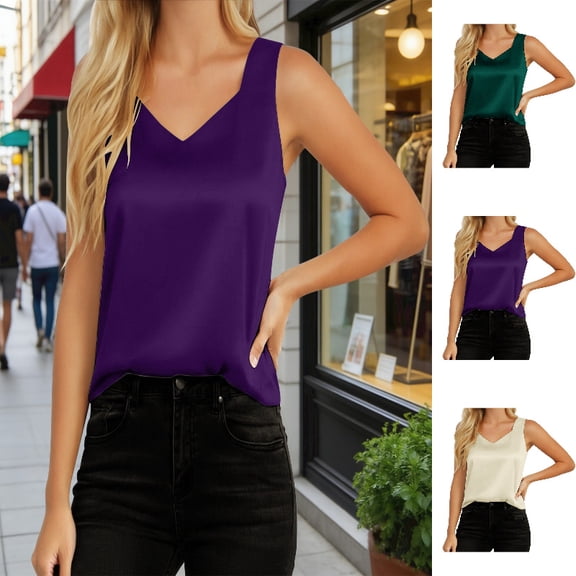 SGMVNU Womens Silk Satin Tank Tops V Neck Casual Cami Sleeveless Camisole Blouses Summer Basic Tank Shirt Size: XL Dark Purple