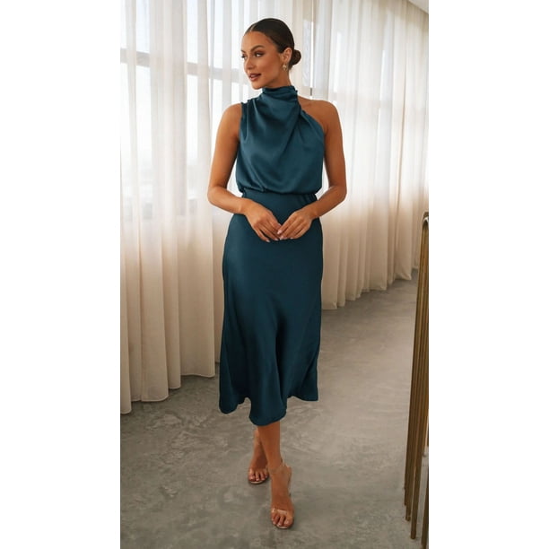 Women Summer Satin Sexy Long Dress Solid Color Fashion Sleeveless Halter Female Casual Elegant Midi Maxi Dress 2023M Gao Jinjia LED