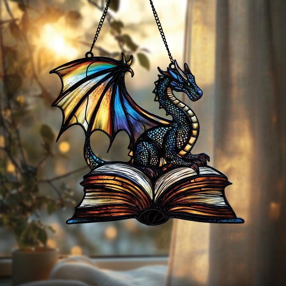 Fantasy Dragon Book Suncatcher, Dragon Wall Hanging, Perfect Bookish Home Decor and Gift for Reading Lovers and Dragon Enthusiasts