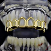 14k Gold Plated 6 Open Face Fang Grillz Six Tooth Top Row Upper Teeth Hollow Hip Hop Vampire Grills