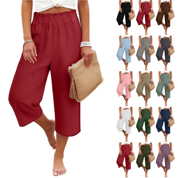 Bloomae Women's Wide Leg Linen Capri Pants Lightweight Elastic High Waist Casual Beach Vacation Cropped Pants with Pockets Loose Comfy Loungewear Capris Trousers