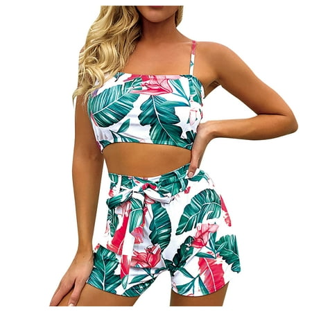 New Sexy Women Tropical Plant Print Split Swimsuit Pattern Beach Bikini