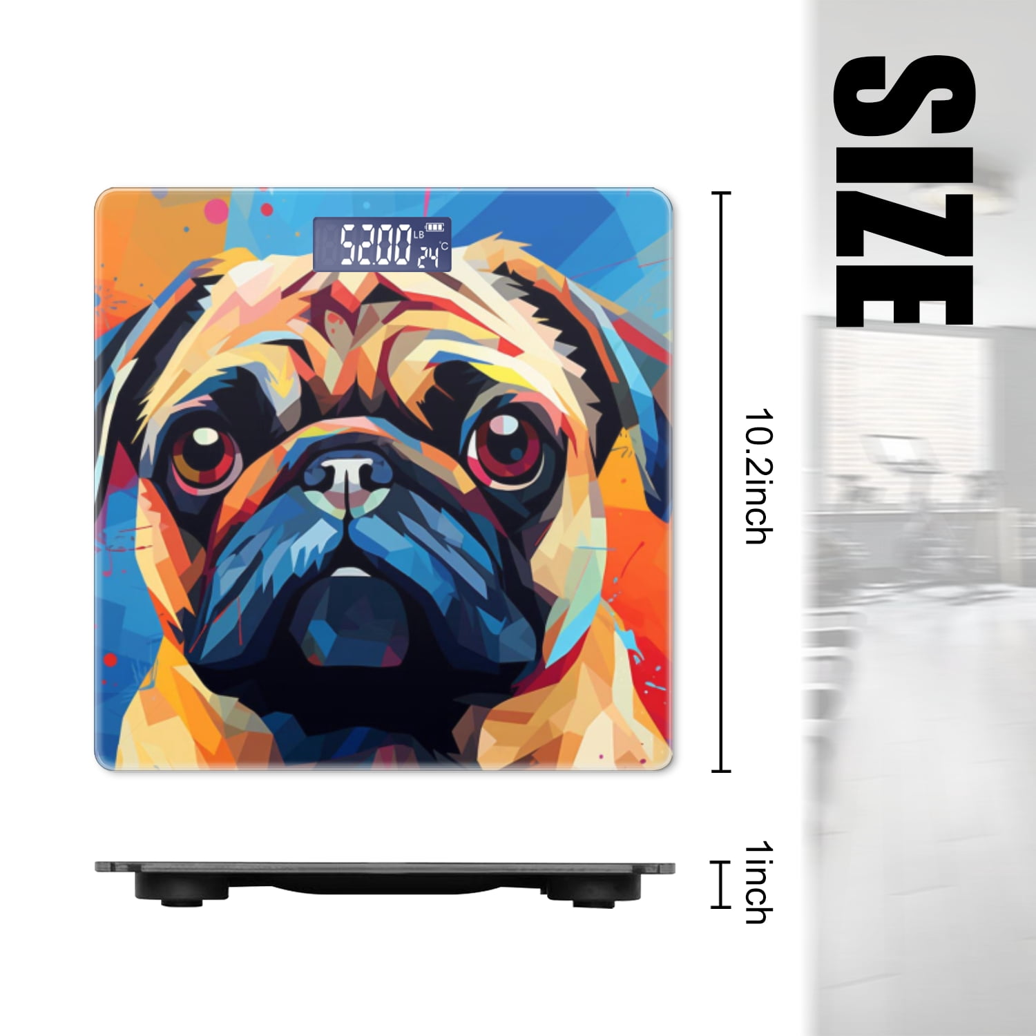 High Precision Body Weight Scale Smart Bathroom Scales with Large LCD Display(400lbs),Decorative for Bedroom-Cute Pug With Colorful Background