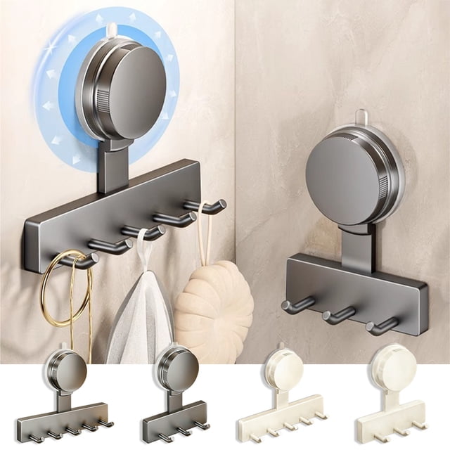 Ganchos de pared para ventosas de vacío 3 o 5 ganchos, sin taladro Soporte para toallas, plástico resistente y portante, gris o blanco, almacenamiento de cocina en baño