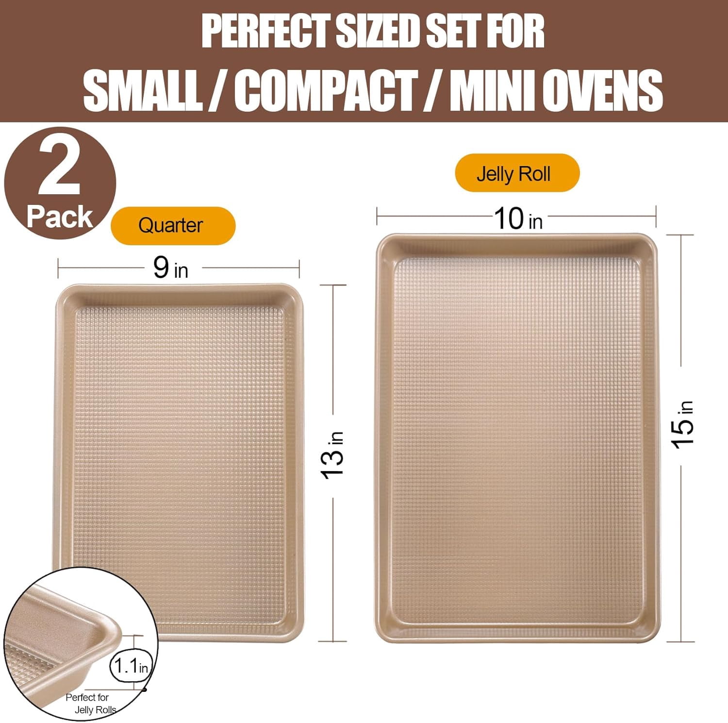 Cookie Sheets for Baking Nonstick, 2 Pack Heavy Duty 0.8mm Sheet Pan Set Quarter(9x13in) & Jelly Roll(10x15in) with Diamond Texture, Gold Commercial Grade, Small Oven Safe