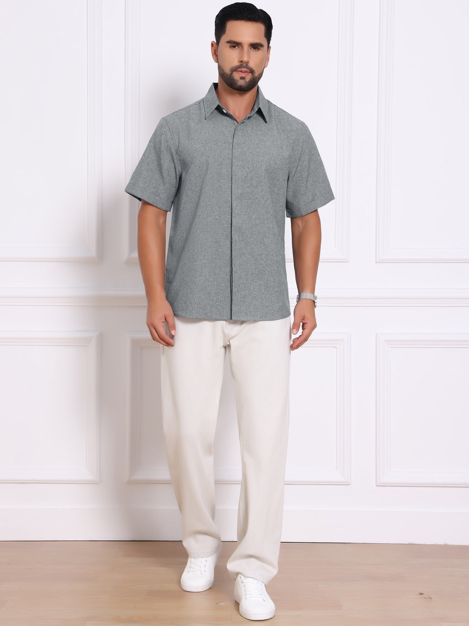 DARING DIVA Men's Solid Summer Short Sleeve Button Down Linen Shirts L Dark Gray