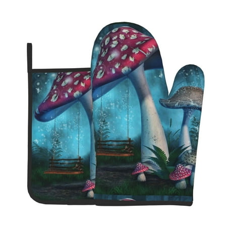 

Xecao Fantasy Mushrooms Pattern Oven Mitts and Pot Holders Sets Heat Resistant Silicone Oven Mittens Extra Thicken Long Kitchen Cotton Oven Glove for Cooking