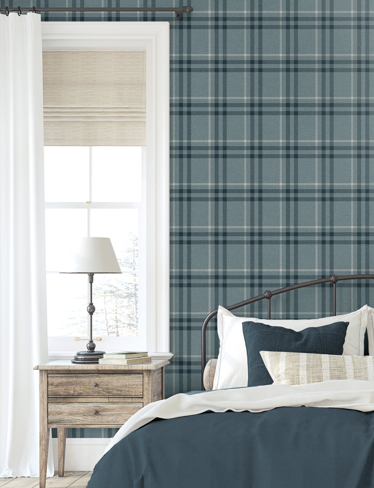 Seabrook Designs Light Blue Calverlay Plaid Prepasted Wallpaper - 20.9 in. W x 33 ft. L Roll