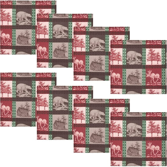 Newbridge Country Rustic Wildlife Lodge Plaid Christmas Fabric Napkin, Woodland Moose, Bear and Cabin Winter Holiday Napkins, Set of 8 Napkins