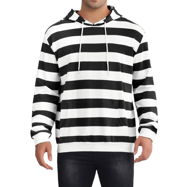 SUDADERAS INSPIRADAS CHIC para hombres, con rayas, capucha, bolsillo frontal, cordón, de manga larga, sudaderas tipo pullover, en negro y blanco