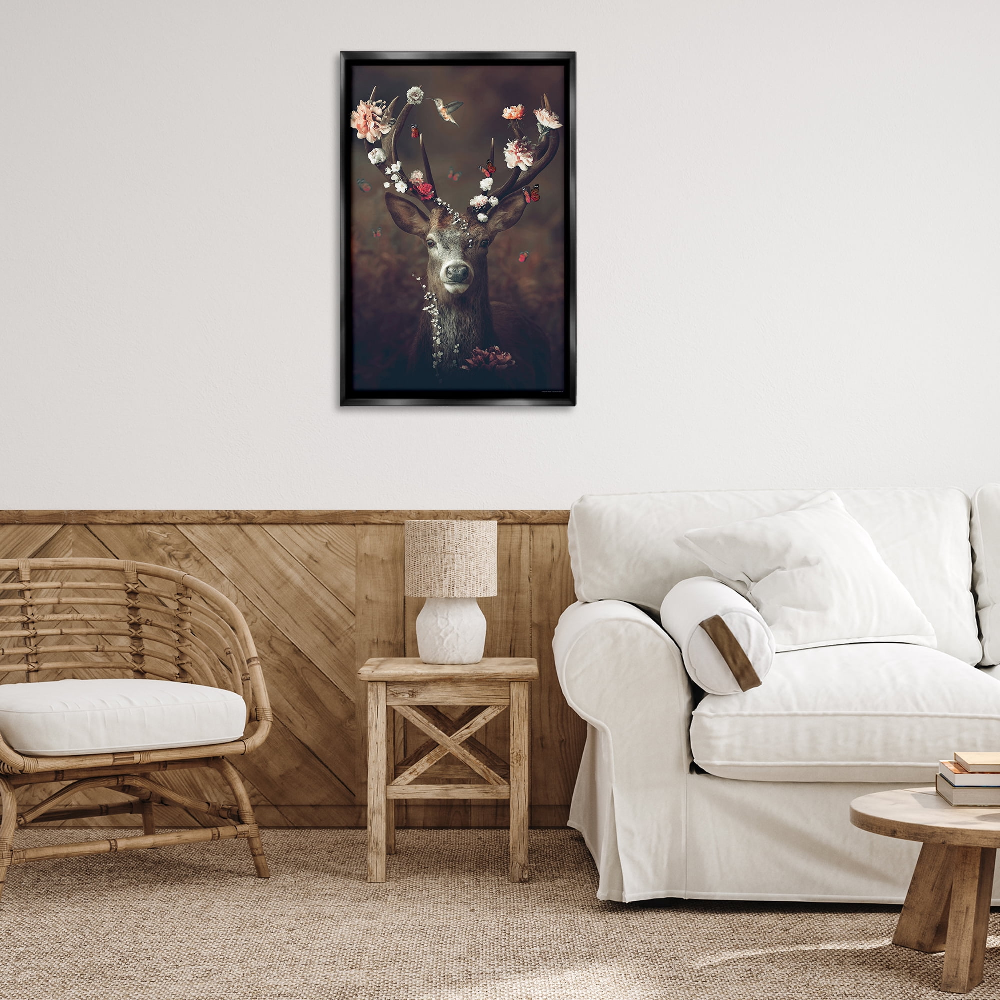 Stupell Industries Flower Bedecked Antlers Animals Painting Black Floater Framed Canvas Art Print Wall Art, 21 x 31