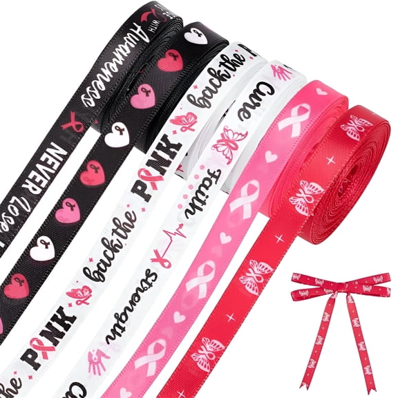 AUQ 6 Styles Breast Cancer Awareness Ribbon Black Pink Ribbons 3/8 inch Heart Grosgrain Ribbon Craft Trim