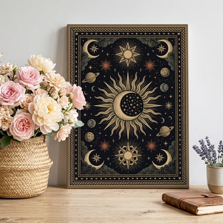 Crescent Moon Sunburst Canvas Wall Art Vintage Abstract Gold Planet Star Galaxy Framed Canvas Wall Decor Picture Print Artwork Decorations for Living Room Office Ready to Hang 24 x 18
