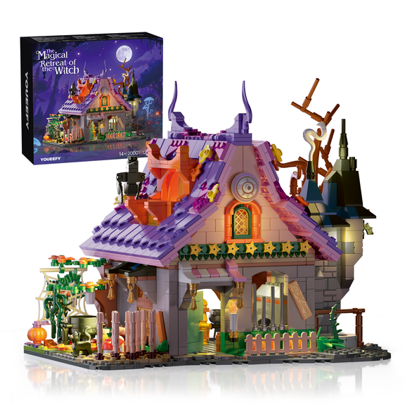 Building Blocks Halloween Witch House Spooky Cottage LED Light Up DIY Decor Gift for Teens Adults
