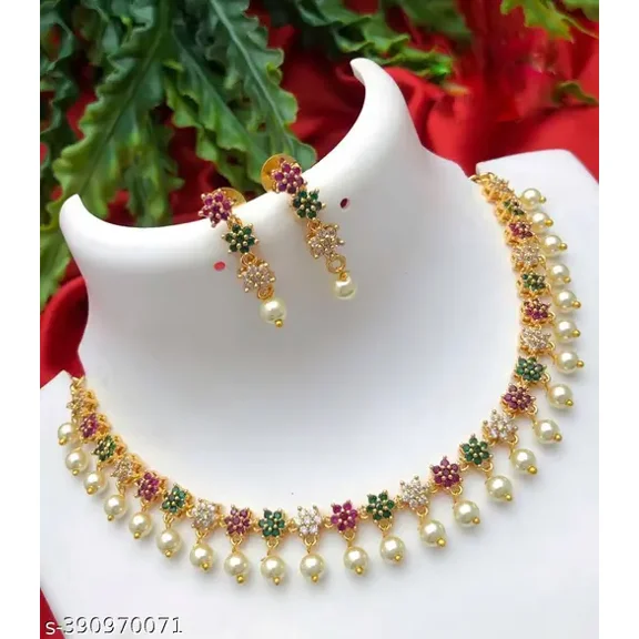 Gold-Plated Short Necklace Set South Indian Bollywood Matte Finish Brass with Ruby Kemp CZ Stones, White Pearl Choker Jewelry with Earrings