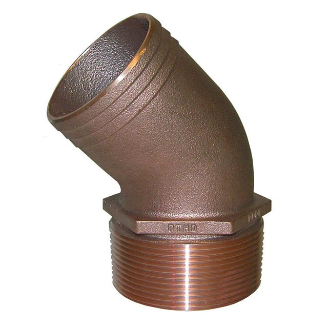 Tubería Groco, 45 grados, bronce, 2-1/2 NPT a 2-1/2, manguera