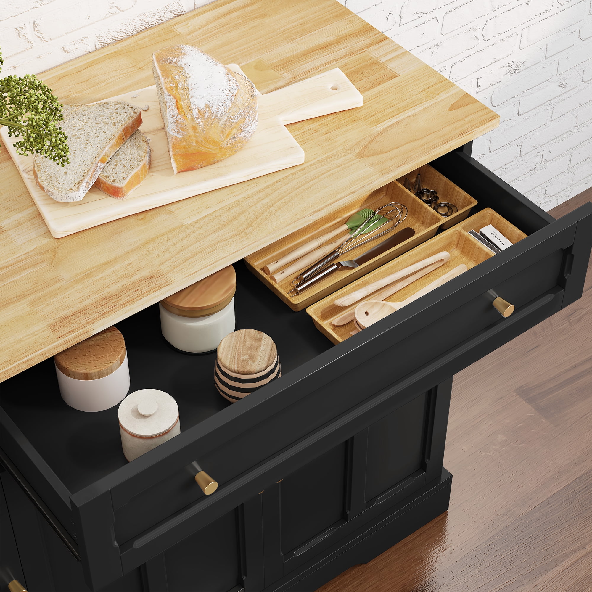 CBJCBJ 47.2" Modern Rolling Kitchen Island with Drop Leaf, Kitchen Cart with Storage, Black