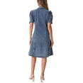 thumbnail image 3 of INSPIRE CHIC Women's Denim Dress Puff Short Sleeve Lapel Collar Button Down  Midi Dress M Grey Blue, 3 of 6