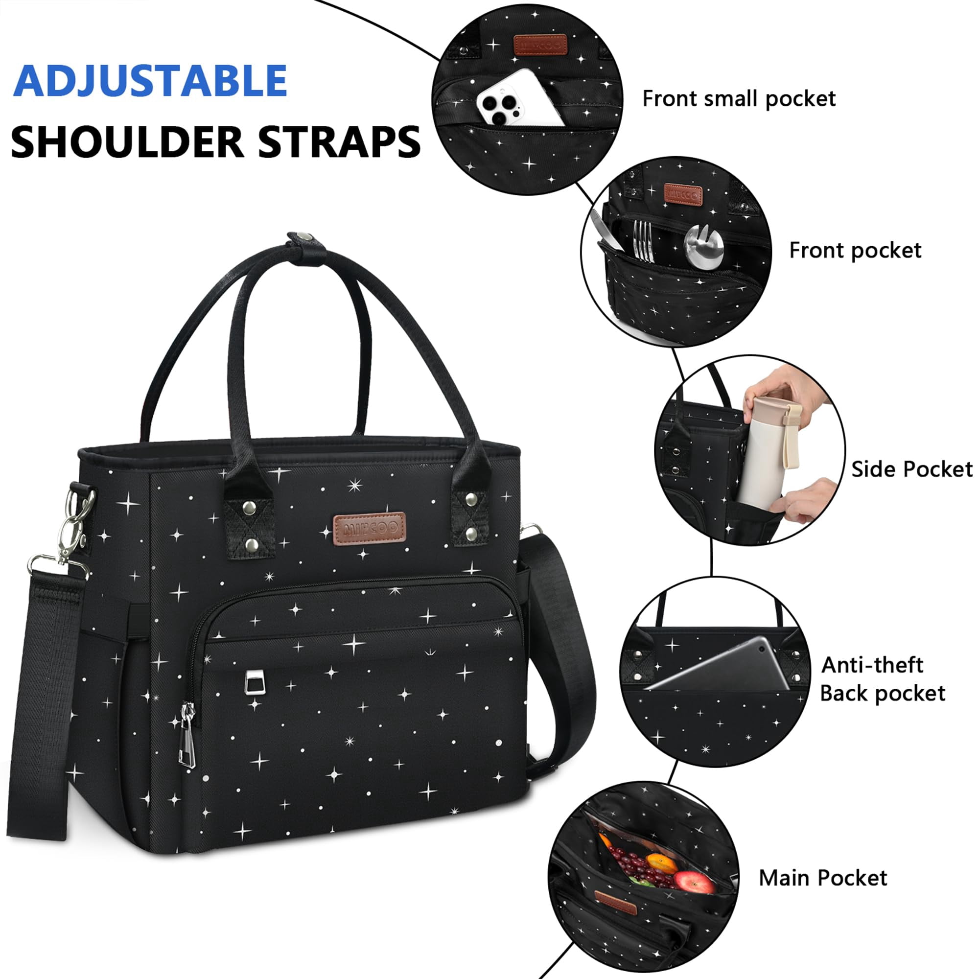 Lunch Bag Box Women - Leakproof Insulated Cooler For Large Tote Bags Adults  Black Starry Sky