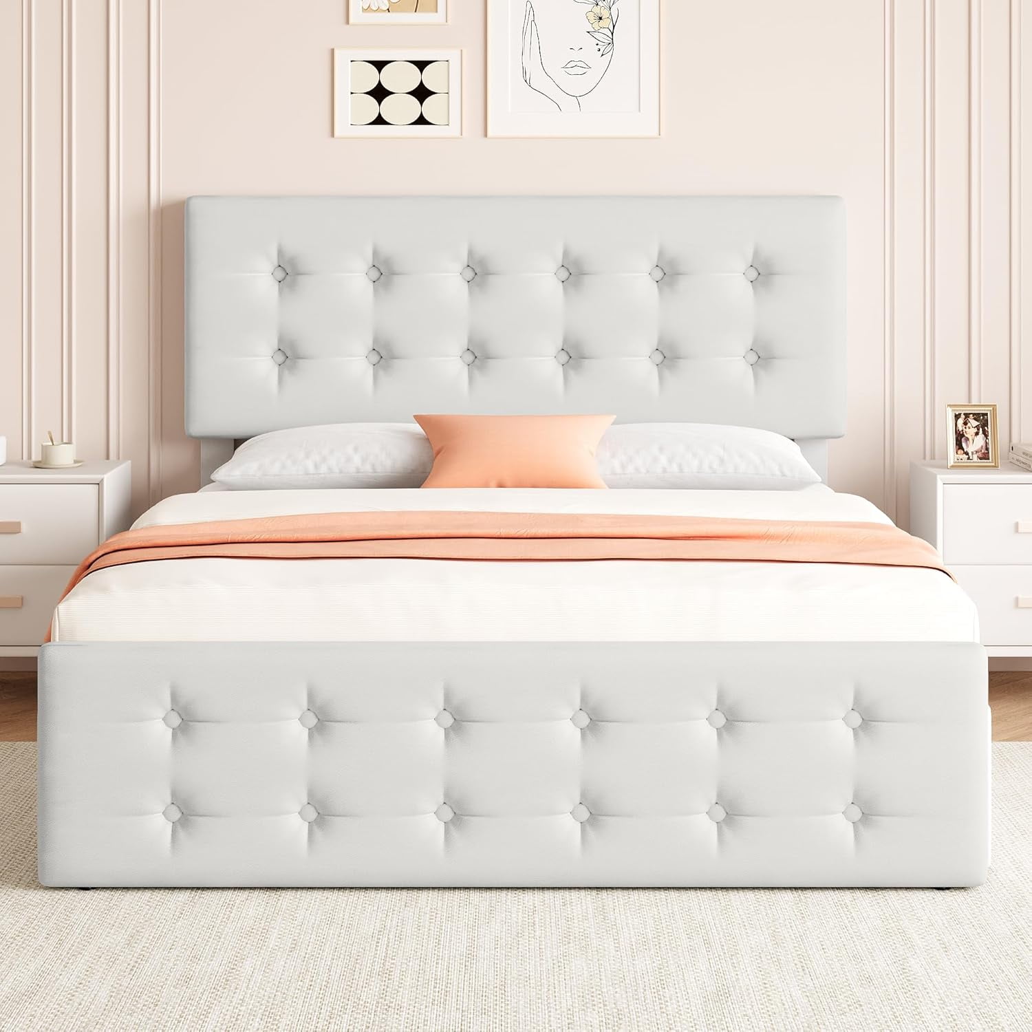Memoryfield Full Size Bed Frame with 4 Storage Drawers and Headboard, Faux Leather Upholstered Platform Bed Frame with Wooden Slats Support, No Box Spring Needed, Beige