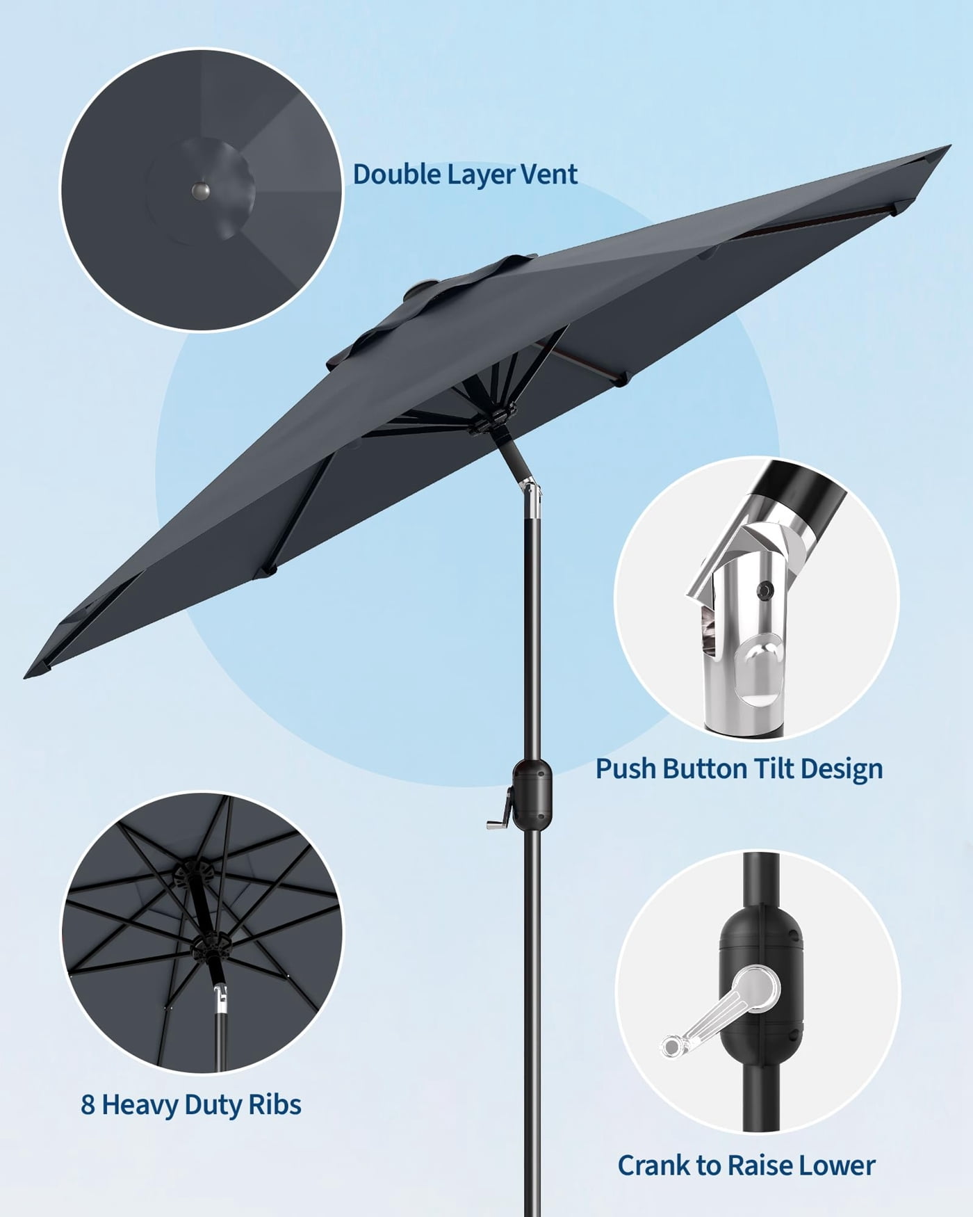 Arigeas 7.5ft Patio Umbrella, Outdoor Market Table Parasol with Push Button Tilt, 6-rib Frame and Crank