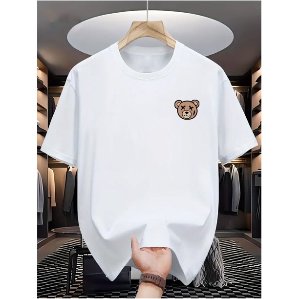 Camiseta informal de cuello redondo para hombre con estampado de oso de dibujos animados, 100 % algodón, manga corta y corte regular para verano | Acabado brillante | Ropa informal duradera