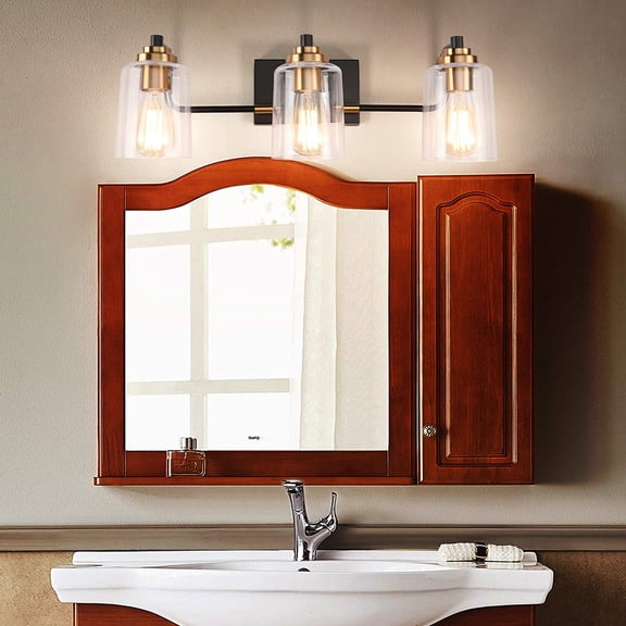 Retro Bathroom Vanity,3-Light Industrial Matte Black and Gold Mirror Bath Wall Lighting