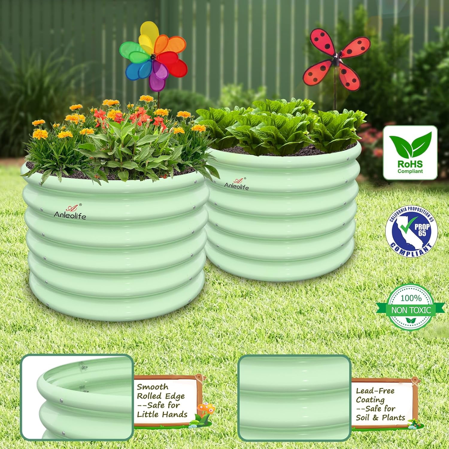 Kids Raised Garden Beds Outdoor (4-Pack)-24x24x18in Round Galvanized Metal Planter Box for Planting Vegetables, Flowers, Fruits, Eco-Safe & Easy Setup, Mint Green
