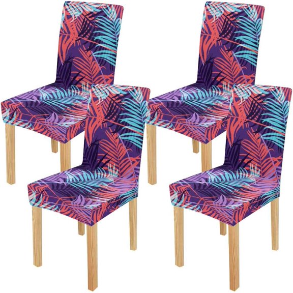 FMSHPON Tropical Palm Leaf Pattern Neon Colored Stretch Chair Cover Protector Seat Slipcover for Dining Room Hotel Wedding Party Set of 4