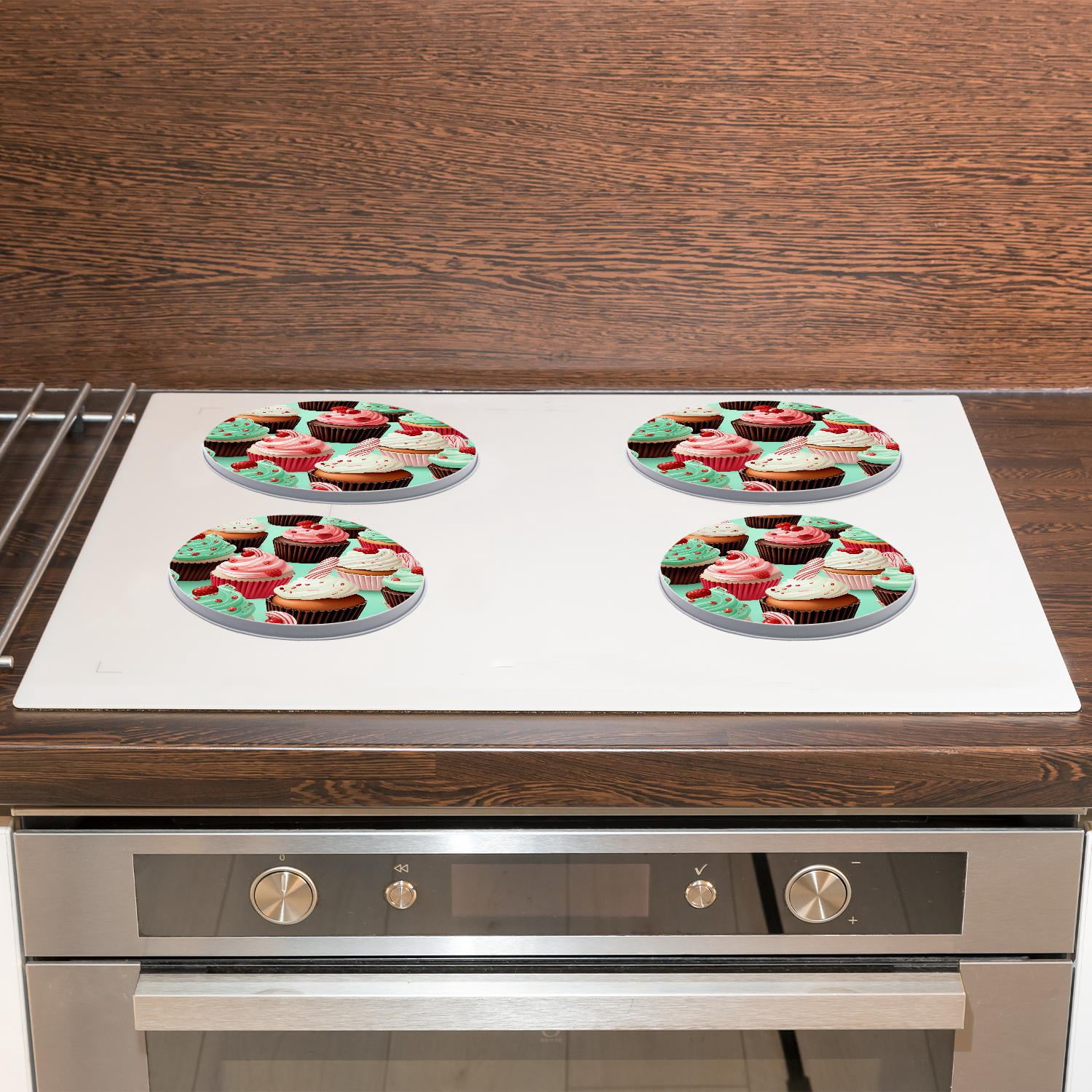Round Stove Burner Covers 4 Pcs for Home Decor Cooktop Decorative ,Christmas Cupcakes art, Metal Round Stove Burner Covers 8Inch And 10Inch