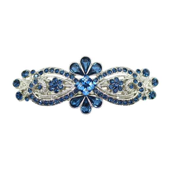 Faship Gorgeous Navy Blue Rhinestone Crystal Floral Hair Barrette Clip