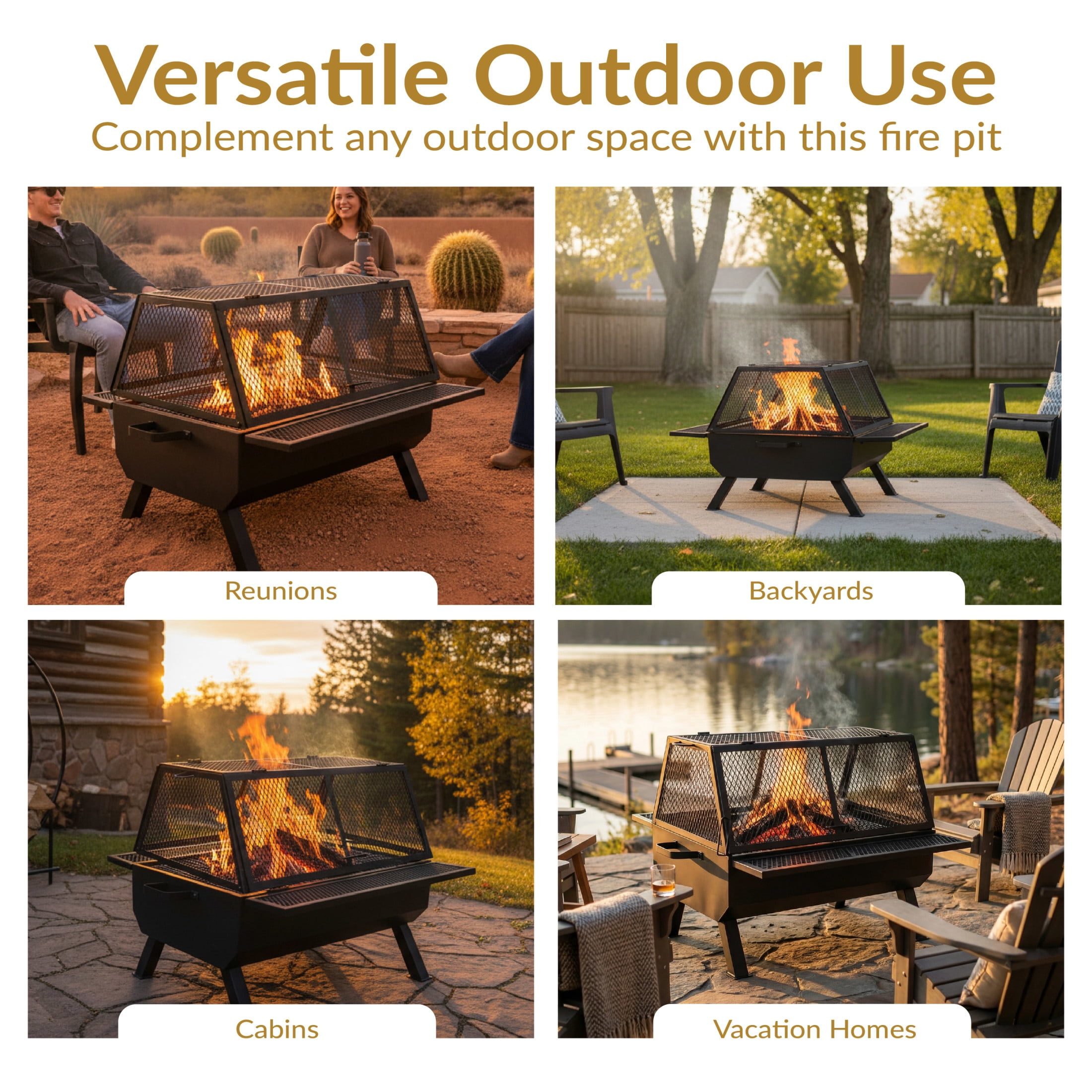Sunnydaze 36.5" x 32.5" Rectangle Wood-Burning Steel Outdoor Fire Pit with Grill and Spark Screen