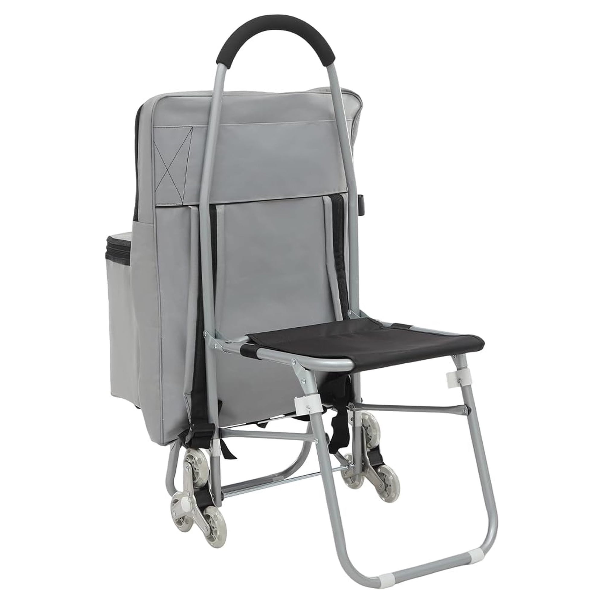 Trolley with Seat, Foldable Shopping Cart with Wheels, Folding Wheeled Portable Rolling Chair/Art Cart with Storage Bag, Silver