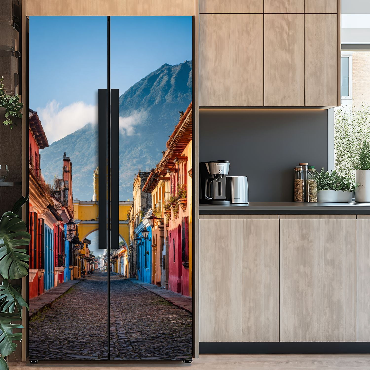 Self Adhesive Vinyl Refrigerator Wrap Set Antigua City Sunrise Door Mural Removable Fridge Sticker Peel and Stick&nbsp;Full Door Cover Decal Kitchen Bar Decor