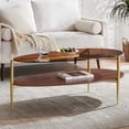 thumbnail image 3 of Rectangle Coffee Table Mid-Century Modern Design L W x H for Living Room - Structure Amber Glass Top and Walnut MDF Shelf Sleek Conical Metal Legs with Gold Finish, 3 of 9