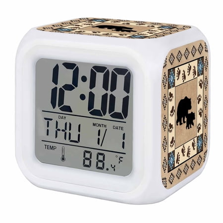 Farmhouse Bear Digital Alarm Clock for Bedrooms,Smart LED Alarm Clock with 7 Color Changing Night Light,Country Vintage Animals Paw Print Brown Silent Wake Up Clocks for Sleep Study Cooking 3.2x3.2