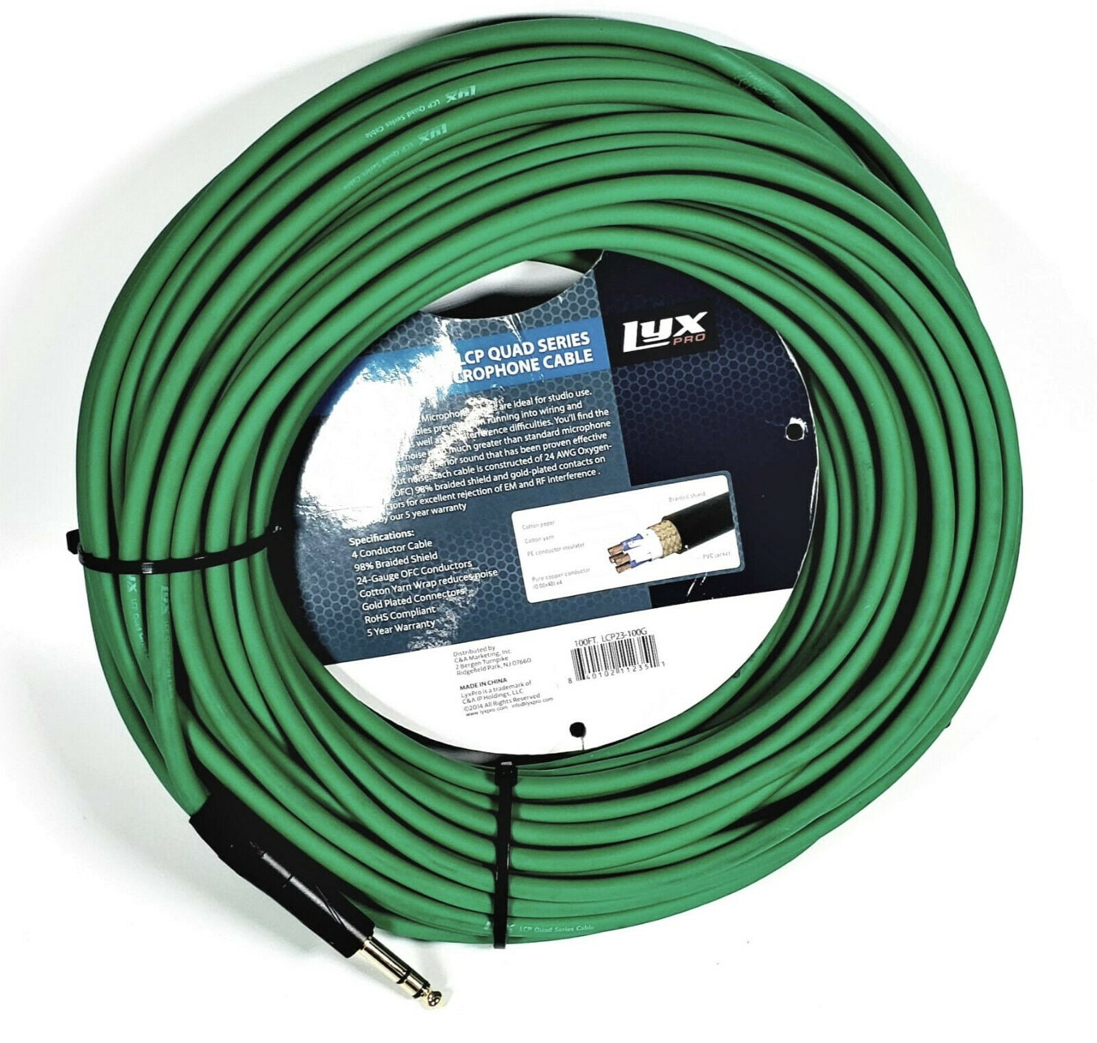 LyxPro 1/4” TRS to XLR Female 100ft LCP Quad Series 4-Conductor Star Quad Cable
