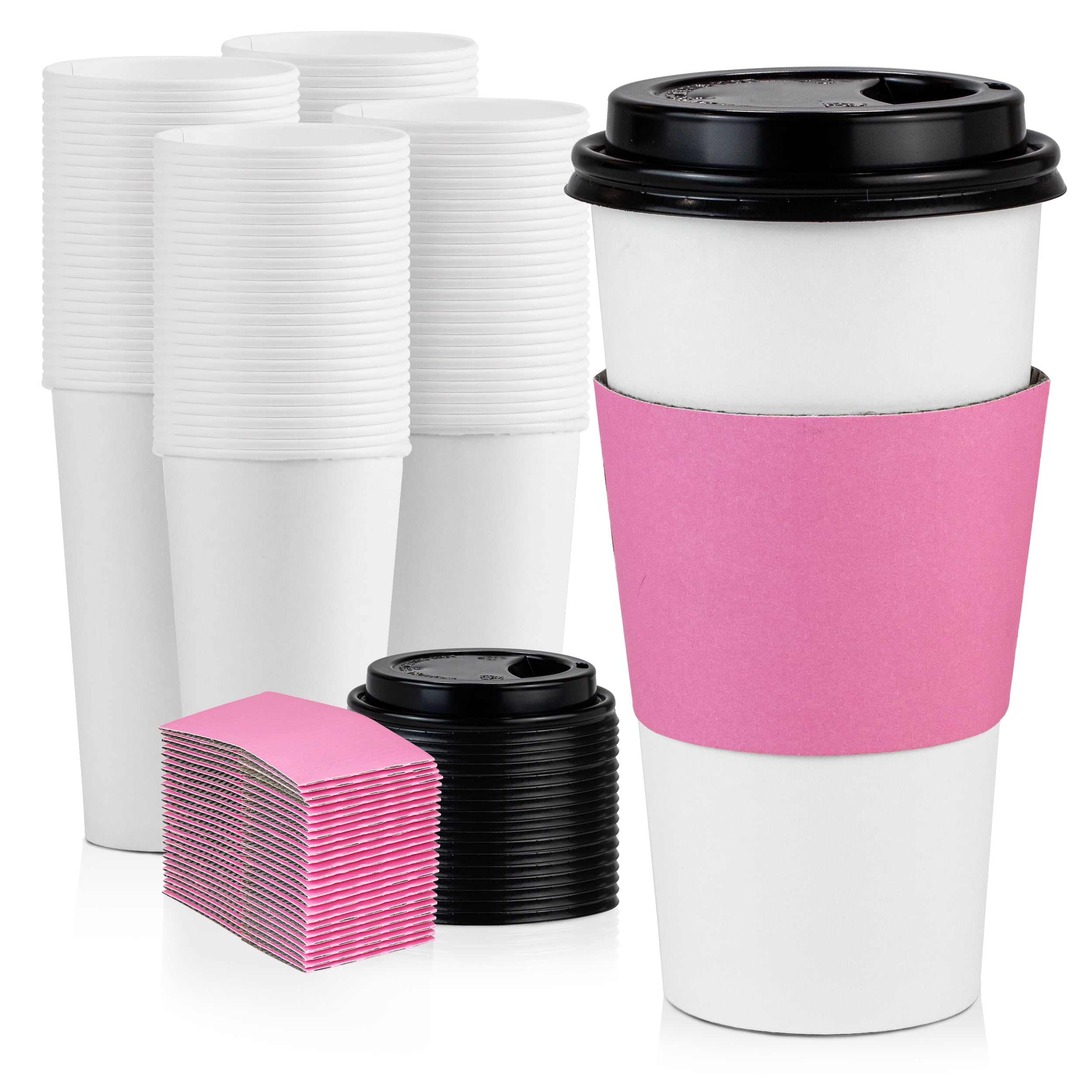 8oz White Paper Coffee Cups BUNDLE with White LIDS and SLEEVES Full Set 