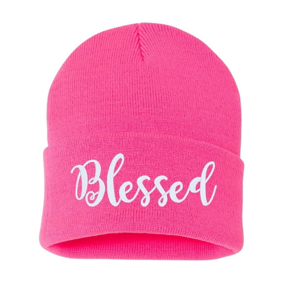 BLESSED Script Cuffed Embroidered Beanie Hat by STICKER DAD (Color: Neon Pink w/White Thread)