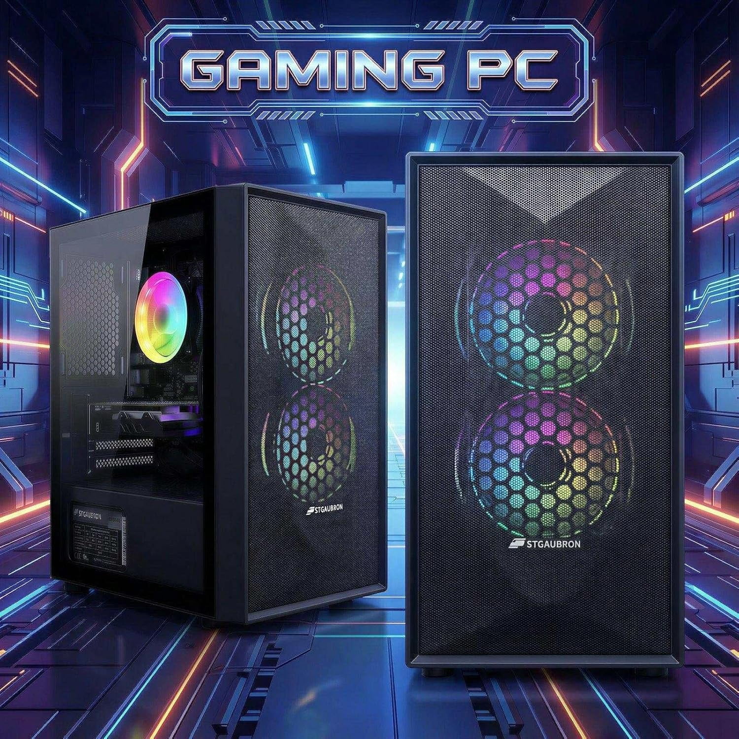 STGAubron Gaming Desktop PC, Intel Core i5 up to 3.6GHz, 16G RAM, 512G SSD, Radeon RX 560 4G, WiFi 6, BT 5.0, RGB Fan x2, Windows 11 Home