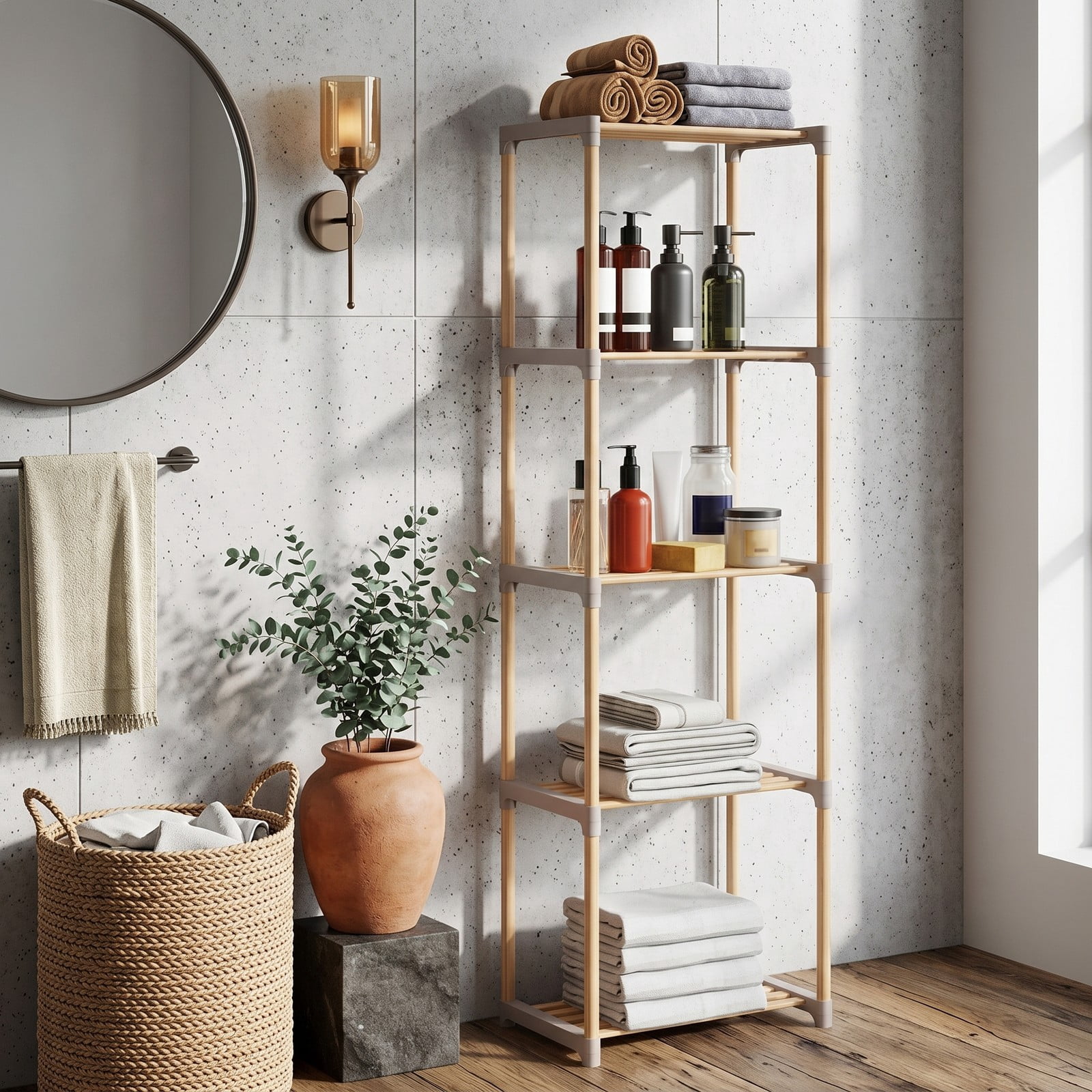 Furnibear 5-Tier Bookshelf Open Wood Bookcase Tall Storage Shelf Organizer for Home Office Living Room Bathroom, Natural and Gray