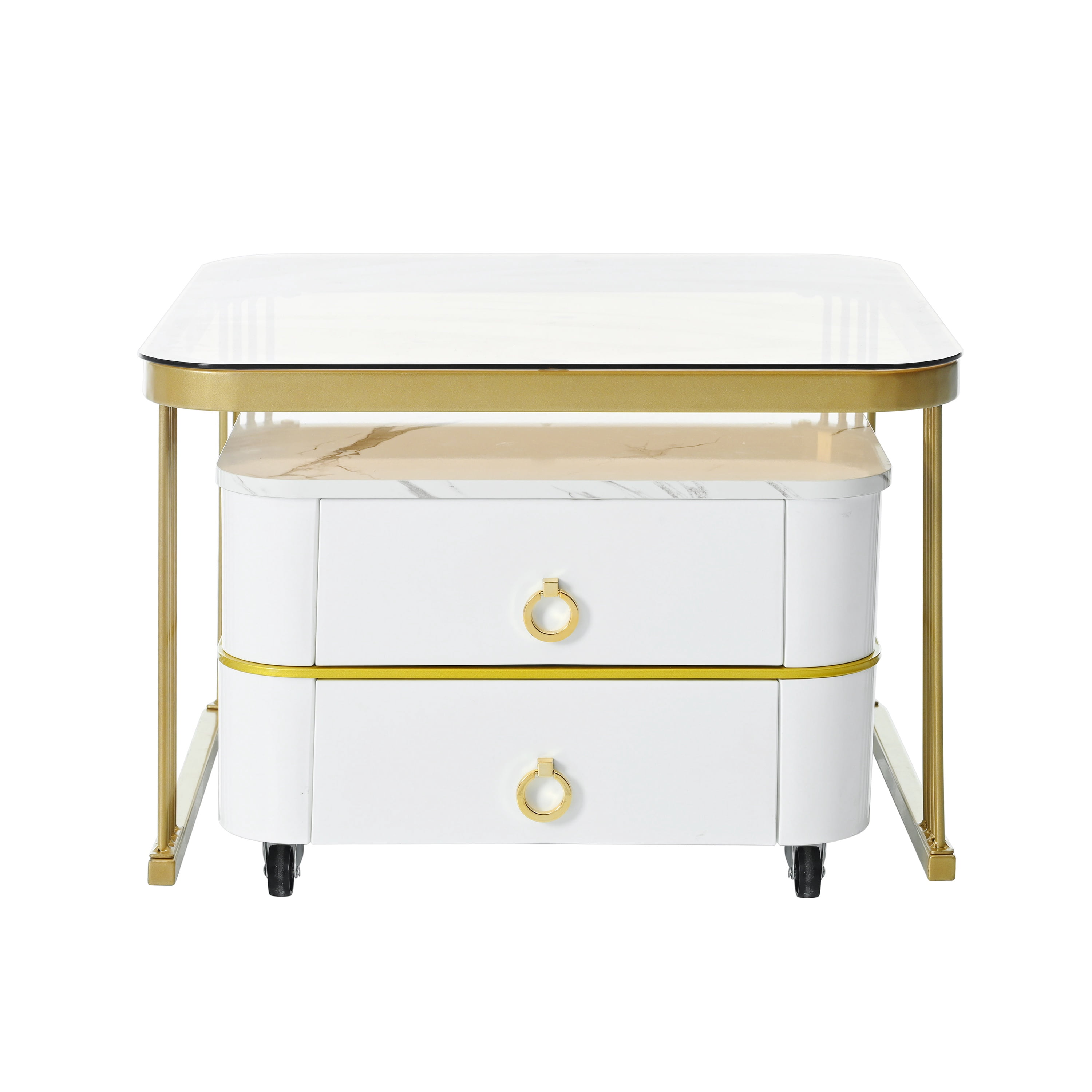 PORKISS 2-in-1 Nesting Coffee Table, Modern Square Coffee Table with Wheels and Drawers, Small Stacking Coffee Table with High Gloss Marble Grain Top and Tempered Glass for Living Room, White/ Gold