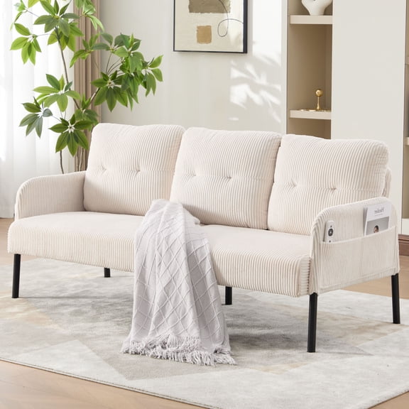 S-HOME Modern Plush Corduroy Upholstered Loveseat with Dual Side Pockets and Metal Legs, Sofa for Apartment, Beige