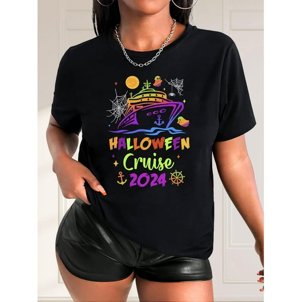 Camiseta para mujer Suave Transpirable verano1pc Halloween Cruise 2024 Women'S Casual T-Shirt, Crew Neck Short Sleeve Top with Ghost Ship Print, Polyester Knit Fabric, Medium Stretch, Fashionable fo
